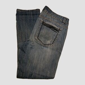 ELLE Straight Leg Jeans Women's Size 8 Blue Stretch Denim Distressed Embro #550C